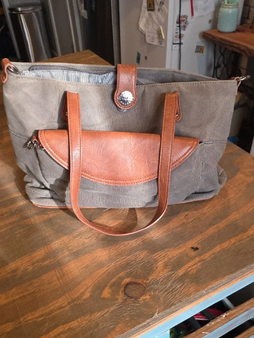 Canvas Baby Tote with Brown Leather Trim - Olive